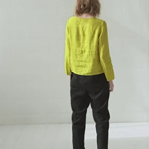 Casual Linen Blouse / Simple Round Neck Top / Long Sleeves Blouse