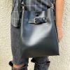 Black Leather Handbag Women Bucket Bag Crossbody Shopping