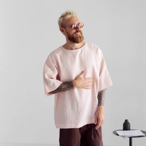 Mens Linen T Shirt Oversize Wide Sleeve For