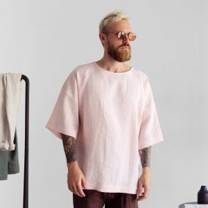 Mens Linen T Shirt Oversize Wide Sleeve For