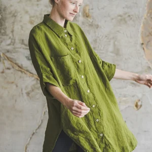 Moss Green Linen Shirt: Kimono Sleeve Retro Style