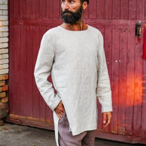 Linen T Shirt With Side Slits Men's Basic