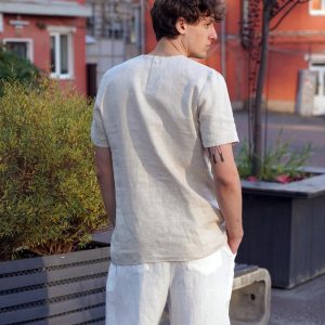 Mens Linen T Shirt Narrow Neck Summer For